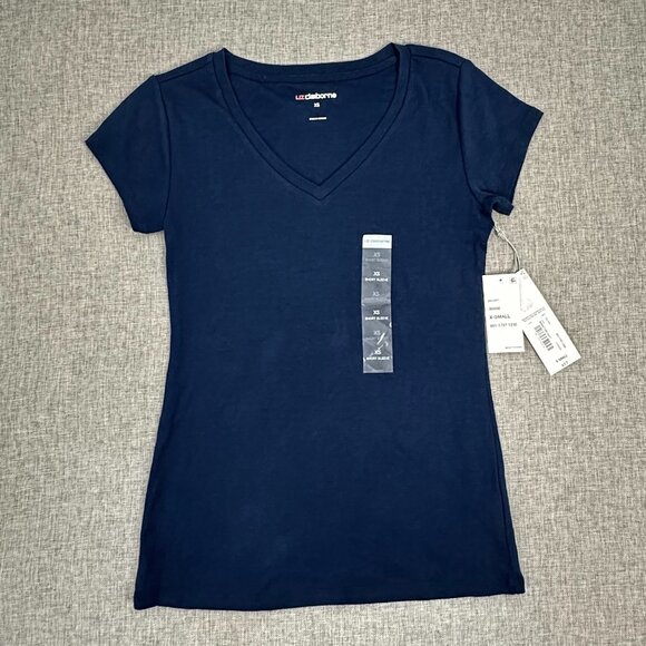 Liz Claiborne Womens Basic Navy Blue Top XS Cotton V-Neck Short Sleeve - Picture 1 of 8